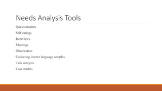 Needs Analysis Tools
Questionnaires
Self-ratings
Interviews
Meetings
Observation
Collecting learner language samples
Task analysis
Case studies
 