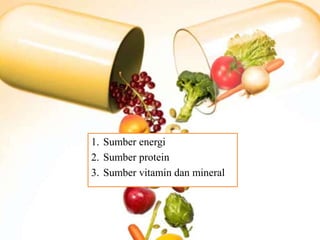 1. Sumber energi
2. Sumber protein
3. Sumber vitamin dan mineral
 