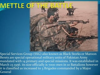 Special Services Group (SSG) also known as Black Storks or Maroon
Berets are special operational military units of Pakistan Army
mandated with 14 primary and special missions. It was established in
March 23 1956. its size officially is 7000 men in 10 Battalions however
it is classified as increased to 3 Brigades commanded by a Major
General

 