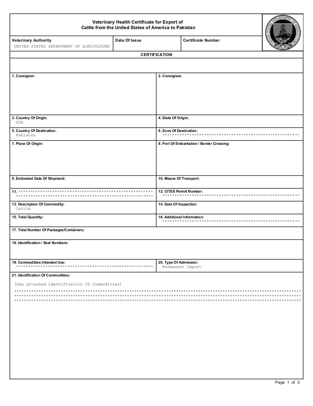 USA Veterinary Health Certificate for Import of American Cows for Pak…