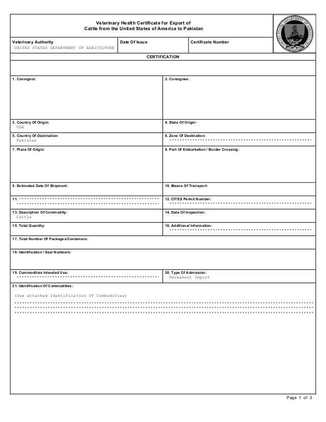 usa veterinary health certificate for import of american cows for pak