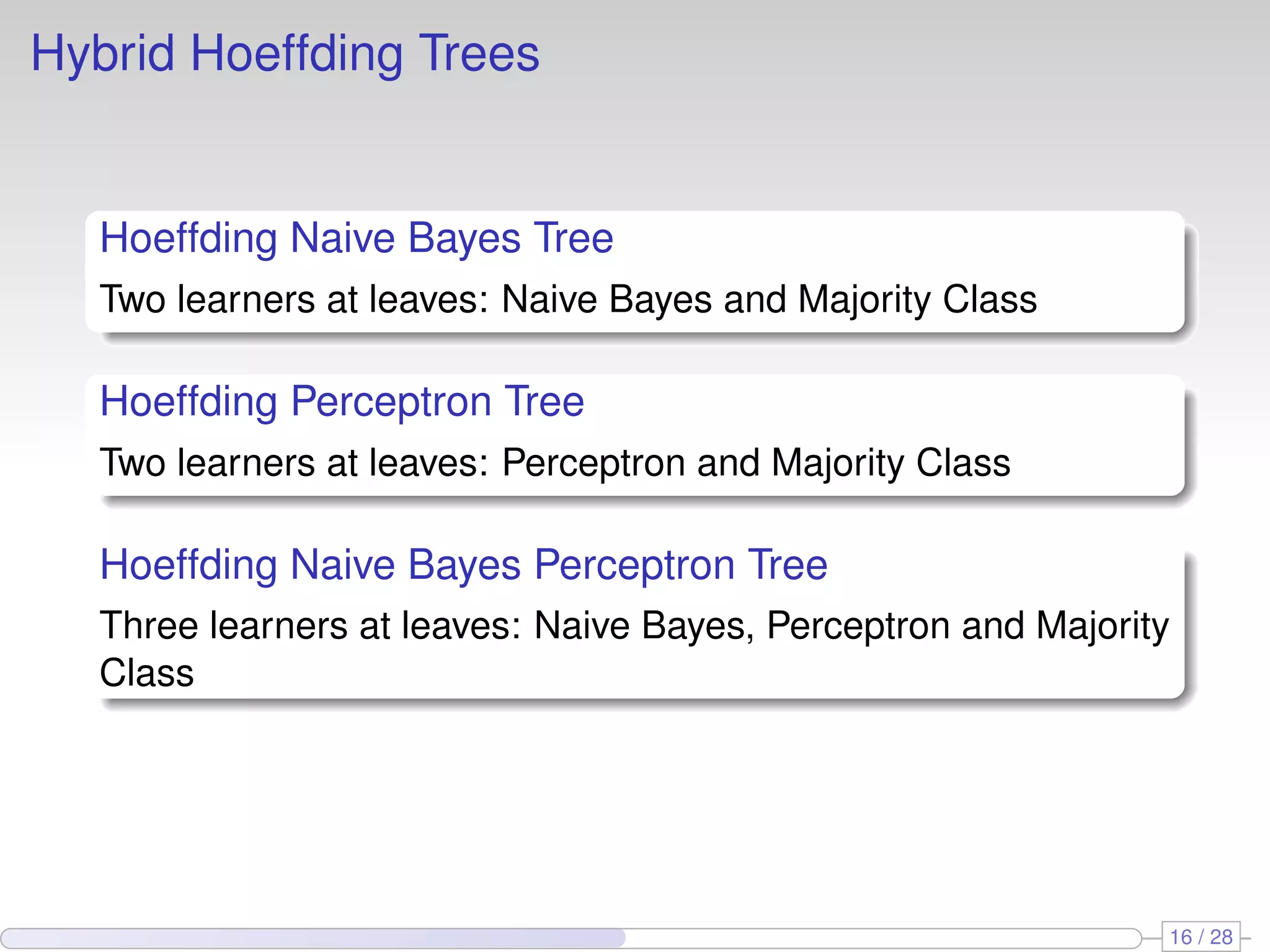 Hybrid Hoeffding Trees
Hoeffding Naive Bayes Tree
Two learners at leaves: Naive Bayes and Majority Class
Hoeffding Perceptron Tree
Two learners at leaves: Perceptron and Majority Class
Hoeffding Naive Bayes Perceptron Tree
Three learners at leaves: Naive Bayes, Perceptron and Majority
Class
16 / 28
 