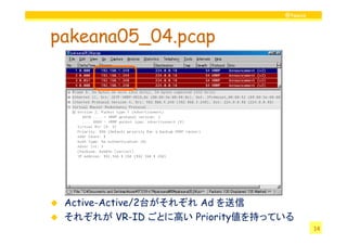 @twovs



pakeana05_04.pcap




 Active-Active/2台がそれぞれ Ad を送信
 それぞれが VR-ID ごとに高い Priority値を持っている
                                         14
 