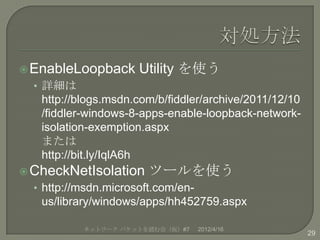  EnableLoopback      Utility を使う
  • 詳細は
   http://blogs.msdn.com/b/fiddler/archive/2011/12/10
   /fiddler-windows-8-apps...