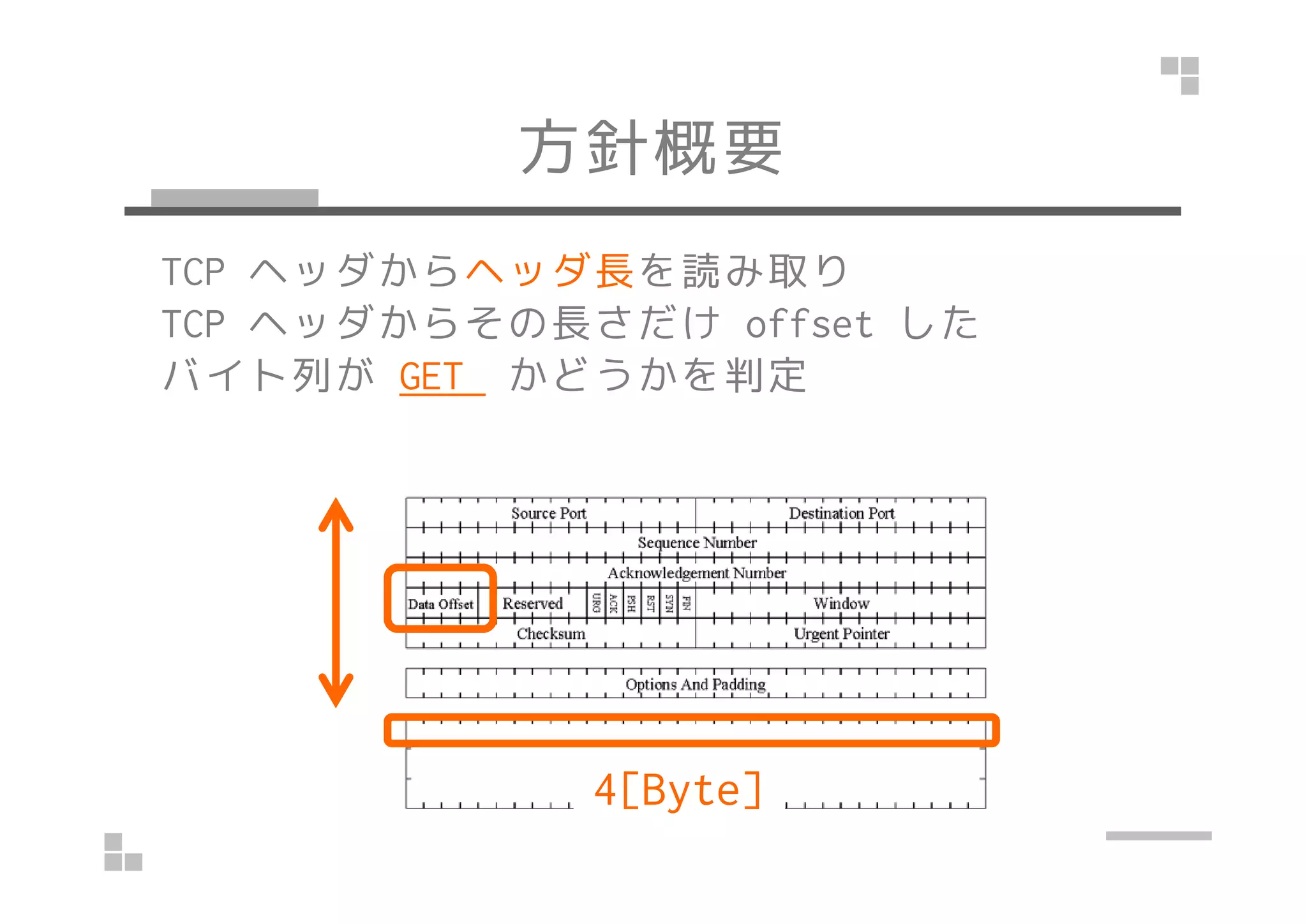 方針概要
TCP ヘッダからヘッダ長を読み取り
TCP ヘッダからその長さだけ offset した
バイト列が GET かどうかを判定
4[Byte]
 