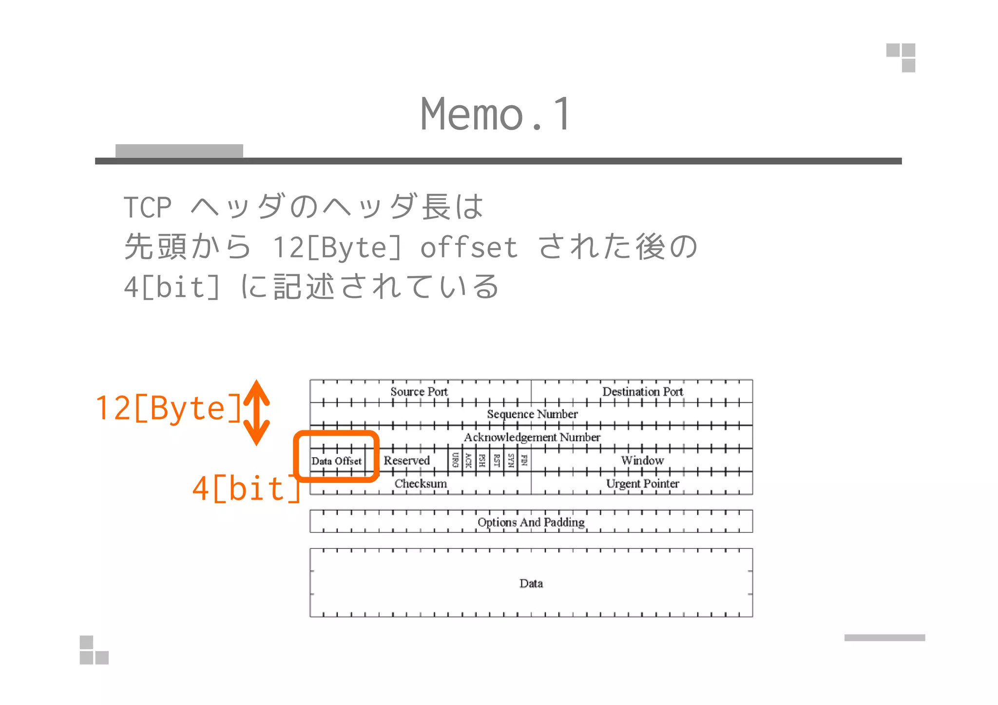 Memo.1
TCP ヘッダのヘッダ長は
先頭から 12[Byte] offset された後の
4[bit] に記述されている
12[Byte]
4[bit]
 