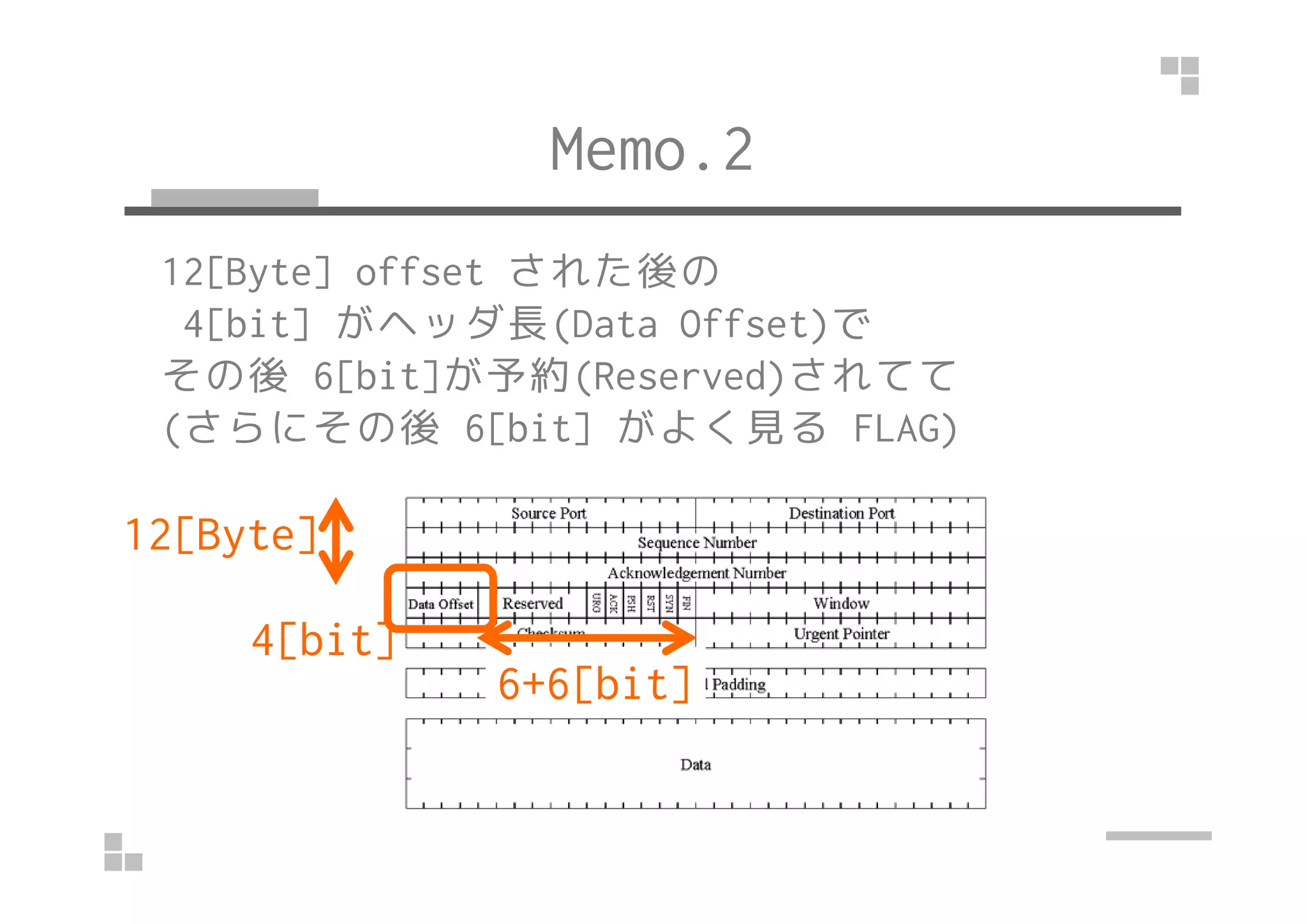 Memo.2
12[Byte] offset された後の
4[bit] がヘッダ長(Data Offset)で
その後 6[bit]が予約(Reserved)されてて
(さらにその後 6[bit] がよく見る FLAG)
12[Byte]
4[bit]
6+6[bit]
 