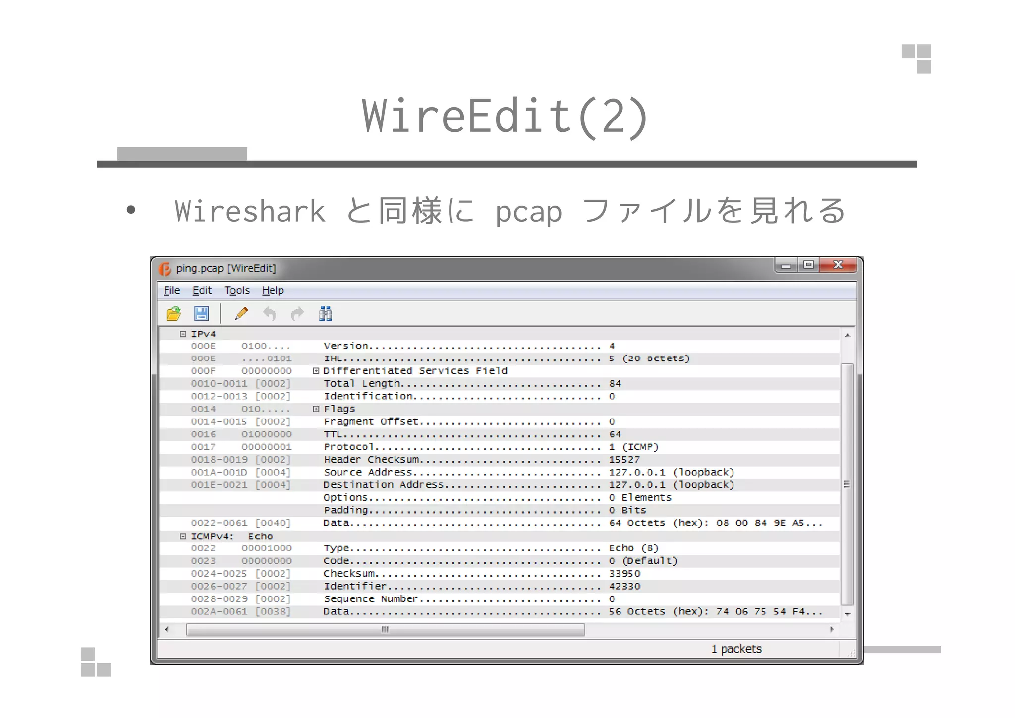 WireEdit(2) 
• Wireshark と同様にpcap ファイルを見れる 
 