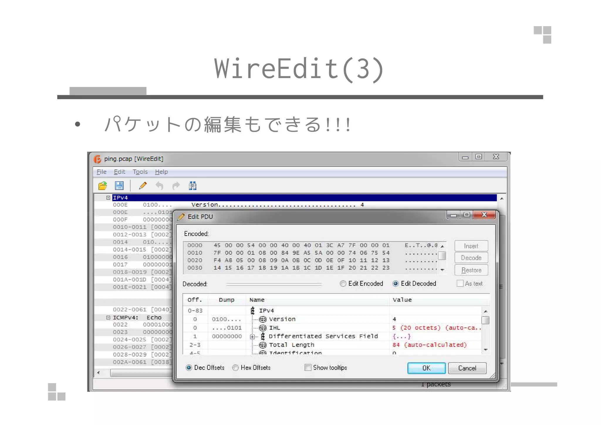 WireEdit(3) 
• パケットの編集もできる!!! 
 