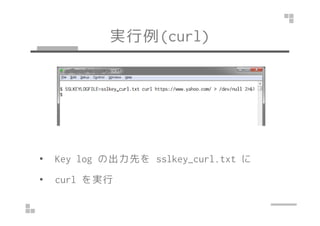 実行例(Linux/curl)
• Key log の出力先を sslkey_curl.txt に
• curl を実行
 