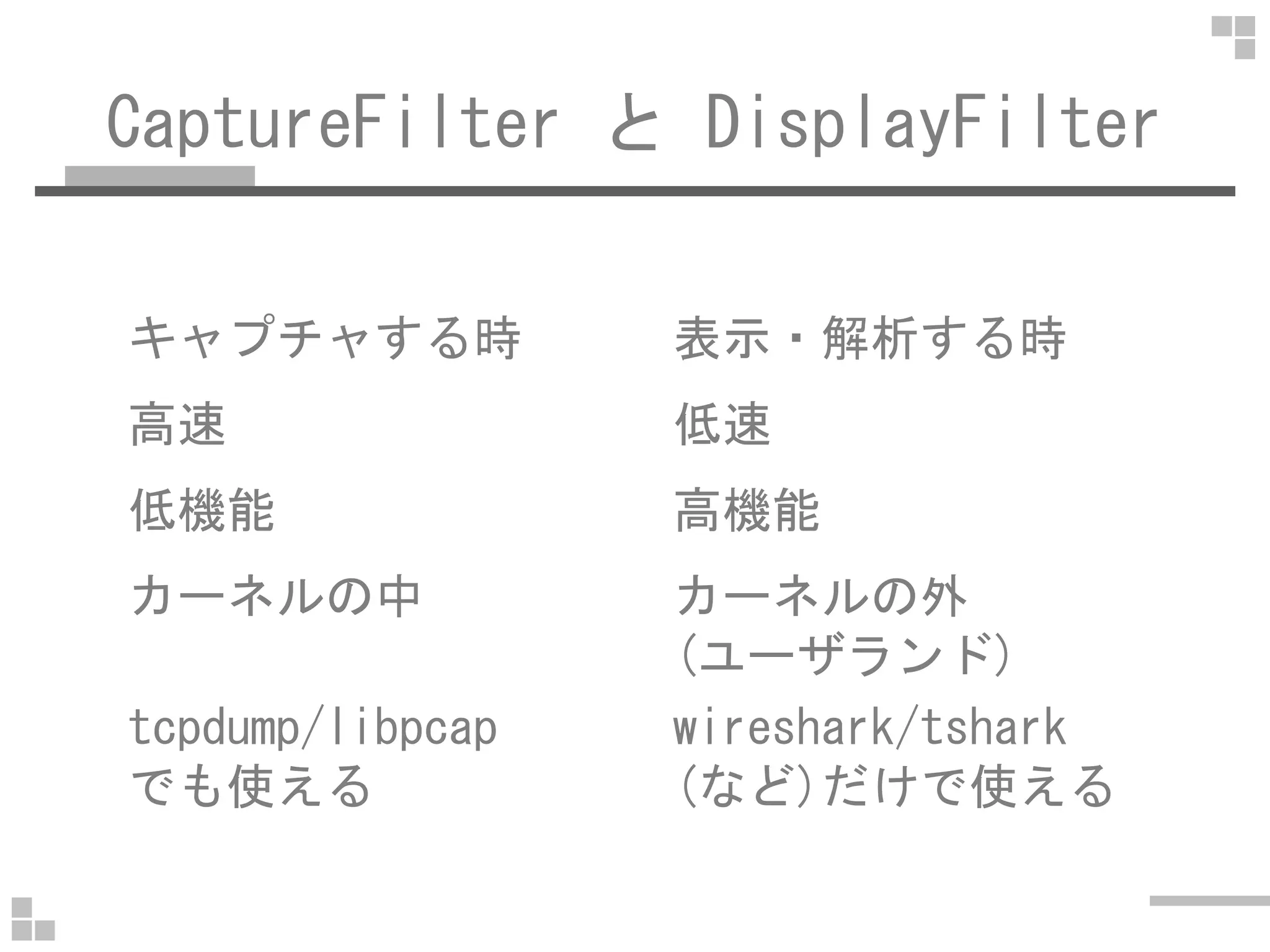 CaptureFilter と DisplayFilter
キャプチャする時 表示・解析する時
高速 低速
低機能 高機能
カーネルの中 カーネルの外
(ユーザランド)
tcpdump/libpcap
でも使える
wireshark/tshark
(など)だけで使える
 