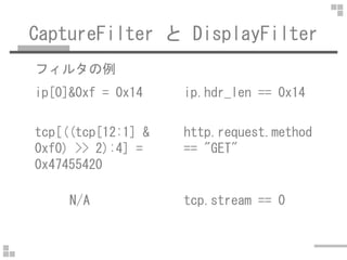 CaptureFilter と DisplayFilter
フィルタの例
ip[0]&0xf = 0x14 ip.hdr_len == 0x14
tcp[((tcp[12:1] & http.request.methodtcp[((tcp[12...