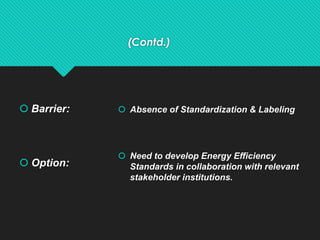 (Contd.)
 Barrier:
 Option:
 Absence of Standardization & Labeling
 Need to develop Energy Efficiency
Standards in collaboration with relevant
stakeholder institutions.
 