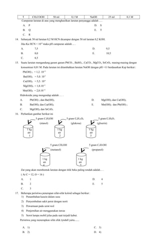 T
CH3COOH
50 ml
0,1 M
NaOH
Campuran larutan di atas yang menghasilkan larutan penyangga adalah ….
A.

P

D.

Q

E.

T

C.

0,1 M

S

B.

25 ml

R

14. Sebanyak 50 ml larutan 0,2 M HCN dicampur dengan 50 ml larutan 0,2 KOH.
Jika Ka HCN = 10-8 maka pH campuran adalah ... .
A.

7,5

D.

9,5

B.

8,0

E.

10,5

C.

8,5

15. Suatu larutan mengandung garam garam PbCO3 , BaSO4 , CaCO3 , MgCO3, SrCrO4. masing-masing dengan
konsentrasi 0,01 M. Pada larutan ini ditambahkan larutan NaOH dengan pH =11 berdasarkan Ksp berikut :
Pb(OH) 2 = 1,2. 10-15
Ba(OH)2 = 5,0. 10-3
Ca(OH)2 = 5,5. 10-6
Mg(OH)2 = 1,8.10-11
Mn(OH)2 = 2,0.10-13
Hidroksida yang mengendap adalah … .
A.

Pb(OH) 2 dan Ba(OH)2

D.

Mg(OH)2 dan Ca(OH)2

B.

Ba(OH)2 dan Ca(OH)2

E.

Mn(OH)2 dan Pb(OH) 2

C.

Mg(OH)2 dan SrCrO4

16. Perhatikan gambar berikut ini
5 gram C2H5OH

5 gram C6H12O6

(etanol)

5 gram C3H8O3

(glukosa)

1 kg
air
1

1 kg
air
2

(gliserin)
1 kg
air
3

5 gram CH3OH

5 gram C3H7OH

(metanol)
1 kg
air
4

(propanol)
1 kg
air
5

Zat yang akan membentuk larutan dengan titik beku paling rendah adalah… .
( Ar C = 12, O = 16 )
A.

1

D.

4

B.

2

E.

5

C.

3

17. Beberapa peristiwa penerapan sifat-sifat koloid sebagai berikut :
1) Penambahan kasein dalam susu
2) Penyembuhan sakit perut dengan norit
3) Pewarnaan pada serat wol
4) Penjernihan air menggunakan tawas
5) Sorot lampu mobil jelas pada saat terjadi kabut.
Peristiwa yang menerapkan sifat efek tyndall yaitu.......
A. 1)

C. 3)

B. 2)

D. 4)

 