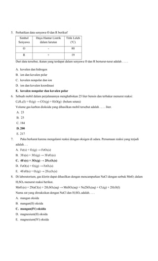 5. Perhatikan data senyawa O dan R berikut!
Simbol
Senyawa

Daya Hantar Listrik
dalam larutan

Titik Leleh
(oC)

O

-

80

R

+

19

Dari data tersebut, ikatan yang terdapat dalam senyawa O dan R berturut-turut adalah . . . .
A. kovalen dan hidrogen
B. ion dan kovalen polar
C. kovalen nonpolar dan ion
D. ion dan kovalen koordinasi
E. kovalen nonpolar dan kovalen polar
6. Sebuah mobil dalam perjalanannya menghabiskan 25 liter bensin dan terbakar menurut reaksi:
C8H18(l) + O2(g) → CO2(g) + H2O(g) (belum setara)
Volume gas karbon dioksida yang dihasilkan mobil tersebut adalah . . . . liter.
A. 23
B. 25
C. 184
D. 200
E. 217
7.

Paku berkarat karena mengalami reaksi dengan oksigen di udara. Persamaan reaksi yang terjadi
adalah. . .
A. Fe(s) + O2(g) → FeO2(s)
B. 3Fe(s) + 3O2(g) → 3FeO2(s)
C. 4Fe(s) + 3O2(g) → 2Fe2O3(s)
D. FeO(s) + O2(g) → FeO3(s)
E. 4FeO(s) + O2(g) → 2Fe2O3(s)

8. Di laboratorium, gas klorin dapat dihasilkan dengan mencampurkan NaCl dengan serbuk MnO2 dalam
H2SO4 menurut reaksi berikut.
MnO2(s) + 2NaCl(s) + 2H2SO4(aq) → MnSO4(aq) + Na2SO4(aq) + Cl2(g) + 2H2O(l)
Nama zat yang direaksikan dengan NaCl dan H2SO4 adalah. . . .
A. mangan oksida
B. mangan(II) oksida
C. mangan(IV) oksida
D. magnesium(II) oksida
E. magnesium(IV) oksida

 