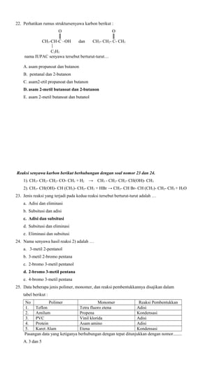 22. Perhatikan rumus struktursenyawa karbon berikut :
O
║
CH3-CH-C –OH

O
║
CH3- CH2- C- CH3

dan

C2H5
nama IUPAC senyawa tersebut berturut-turut…
A. asam propanoat dan butanon
B. pentanal dan 2-butanon
C. asam2-etil propanoat dan butanon
D. asam 2-metil butanoat dan 2-butanon
E. asam 2-metil butanoat dan butanol

Reaksi senyawa karbon berikut berhubungan dengan soal nomor 23 dan 24.
1). CH3- CH2- CH2- CO- CH3 + H2

→

CH3 - CH2- CH2- CH(OH)- CH3

2). CH3- CH(OH)- CH (CH3)- CH2- CH3 + HBr → CH3- CH Br- CH (CH3)- CH2- CH3 + H2O
23. Jenis reaksi yang terjadi pada kedua reaksi tersebut berturut-turut adalah …
a. Adisi dan eliminasi
b. Subsitusi dan adisi
c. Adisi dan subsitusi
d. Subsitusi dan eliminasi
e. Eliminasi dan subsitusi
24. Nama senyawa hasil reaksi 2) adalah …
a. 3-metil 2-pentanol
b. 3-metil 2-bromo pentana
c. 2-bromo 3-metil pentanol
d. 2-bromo 3-metil pentana
e. 4-bromo 3-metil pentana
25. Data beberapa jenis polimer, monomer, dan reaksi pembentukkannya disajikan dalam
tabel berikut :
No
Polimer
Monomer
Reaksi Pembentukkan
1.
Teflon
Tetra fluoro etena
Adisi
2.
Amilum
Propena
Kondensasi
3.
PVC
Vinil klorida
Adisi
4.
Protein
Asam amino
Adisi
5.
Karet Alam
Etena
Kondensasi
Pasangan data yang ketiganya berhubungan dengan tepat ditunjukkan dengan nomor........
A. 3 dan 5

 