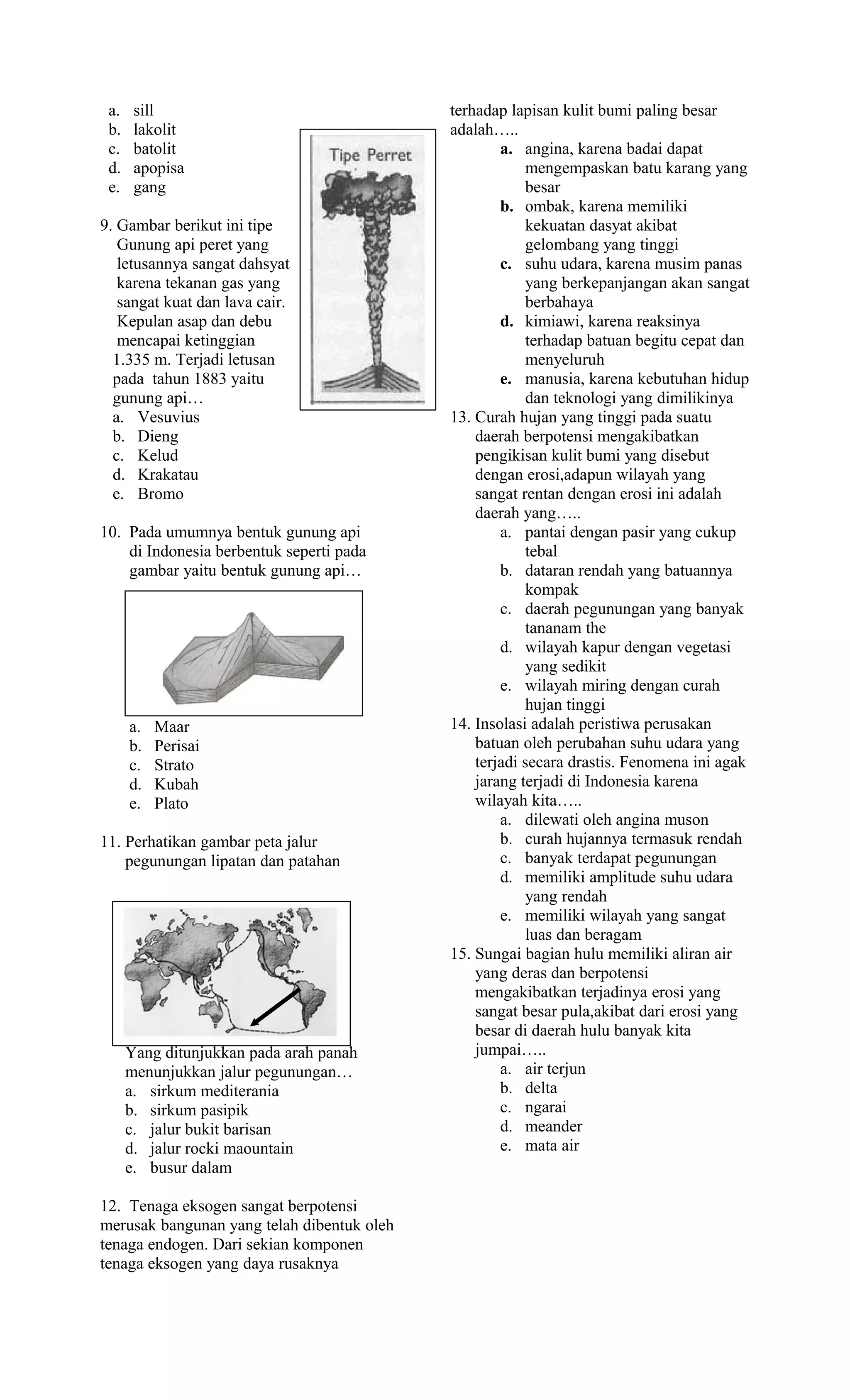 a.    sill                                 terhadap lapisan kulit bumi paling besar
 b.    lakolit                              adalah…..
 c.    batolit                                      a. angina, karena badai dapat
 d.    apopisa                                          mengempaskan batu karang yang
 e.    gang                                             besar
                                                    b. ombak, karena memiliki
9. Gambar berikut ini tipe                              kekuatan dasyat akibat
   Gunung api peret yang                                gelombang yang tinggi
   letusannya sangat dahsyat                        c. suhu udara, karena musim panas
   karena tekanan gas yang                              yang berkepanjangan akan sangat
   sangat kuat dan lava cair.                           berbahaya
   Kepulan asap dan debu                            d. kimiawi, karena reaksinya
   mencapai ketinggian                                  terhadap batuan begitu cepat dan
  1.335 m. Terjadi letusan                              menyeluruh
  pada tahun 1883 yaitu                             e. manusia, karena kebutuhan hidup
  gunung api…                                           dan teknologi yang dimilikinya
  a. Vesuvius                               13. Curah hujan yang tinggi pada suatu
  b. Dieng                                      daerah berpotensi mengakibatkan
  c. Kelud                                      pengikisan kulit bumi yang disebut
  d. Krakatau                                   dengan erosi,adapun wilayah yang
  e. Bromo                                      sangat rentan dengan erosi ini adalah
                                                daerah yang…..
10. Pada umumnya bentuk gunung api                  a. pantai dengan pasir yang cukup
    di Indonesia berbentuk seperti pada                 tebal
    gambar yaitu bentuk gunung api…                 b. dataran rendah yang batuannya
                                                        kompak
                                                    c. daerah pegunungan yang banyak
                                                        tananam the
                                                    d. wilayah kapur dengan vegetasi
                                                        yang sedikit
                                                    e. wilayah miring dengan curah
                                                        hujan tinggi
      a.   Maar                             14. Insolasi adalah peristiwa perusakan
      b.   Perisai                              batuan oleh perubahan suhu udara yang
      c.   Strato                               terjadi secara drastis. Fenomena ini agak
      d.   Kubah                                jarang terjadi di Indonesia karena
      e.   Plato                                wilayah kita…..
                                                    a. dilewati oleh angina muson
11. Perhatikan gambar peta jalur                    b. curah hujannya termasuk rendah
    pegunungan lipatan dan patahan                  c. banyak terdapat pegunungan
                                                    d. memiliki amplitude suhu udara
                                                        yang rendah
                                                    e. memiliki wilayah yang sangat
                                                        luas dan beragam
                                            15. Sungai bagian hulu memiliki aliran air
                                                yang deras dan berpotensi
                                                mengakibatkan terjadinya erosi yang
                                                sangat besar pula,akibat dari erosi yang
                                                besar di daerah hulu banyak kita
      Yang ditunjukkan pada arah panah          jumpai…..
      menunjukkan jalur pegunungan…                 a. air terjun
      a. sirkum mediterania                         b. delta
      b. sirkum pasipik                             c. ngarai
      c. jalur bukit barisan                        d. meander
      d. jalur rocki maountain                      e. mata air
      e. busur dalam

12. Tenaga eksogen sangat berpotensi
merusak bangunan yang telah dibentuk oleh
tenaga endogen. Dari sekian komponen
tenaga eksogen yang daya rusaknya
 