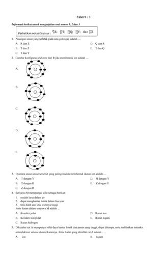 PAKET : 3
Informasi berikut untuk mengerjakan soal nomor 1, 2 dan 3

Perhatikan notasi 5 unsur :
1. Pasangan unsur yang terletak pada satu golongan adalah ....
A. R dan Z

D. Q dan R

B. T dan Z

E. T dan Q

C. T dan Y
2. Gambar konfigurasi elektron dari R jika membentuk ion adalah ....

A.

B.

C.

D.

E.

3. Diantara unsur-unsur tersebut yang paling mudah membentuk ikatan ion adalah ....
A.

T dengan Y

D.

Q dengan Y

B.

T dengan R

E.

Z dengan Y

C.

Z dengan R

4. Senyawa M mempunyai sifat sebagai berikut:
1. mudah larut dalam air
2. dapat menghantar listrik dalam fase cair
3. titik didih dan titik lelehnya tinggi
Jenis ikatan dalam senyawa M adalah ...
A. Kovalen polar

D. Ikatan ion

B. Kovalen non polar

E. Ikatan logam

C. Ikatan hidrogen
5. Diketahui zat A mempunyai sifat daya hantar listrik dan panas yang tinggi, dapat ditempa, serta melibatkan interaksi
antarelektron valensi dalam ikatannya. Jenis ikatan yang dimiliki zat A adalah. . . .
A.

ion

B.

logam

 