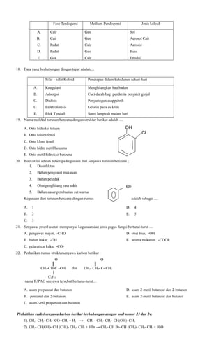 Fase Terdispersi

Medium Pendispersi

Jenis koloid

A.

Cair

Gas

Sol

B.

Cair

Gas

Aerosol Cair

C.

Padat

Cair

Aerosol

D.

Padat

Gas

Busa

E.

Gas

Cair

Emulsi

18. Data yang berhubungan dengan tepat adalah....
Sifat – sifat Koloid

Penerapan dalam kehidupan sehari-hari

A.

Koagulasi

Menghilangkan bau badan

B.

Adsorpsi

Cuci darah bagi penderita penyakit ginjal

C.

Dialisis

Penyaringan asappabrik

D.

Elektroforesis

Gelatin pada es krim

E.

Efek Tyndall

Sorot lampu di malam hari

19. Nama molekul turunan benzena dengan struktur berikut adalah …

OH

A. Orto hidroksi toluen

Cl

B. Orto toluen fenol
C. Orto kloro fenol
D. Orto hidro metil benzena
E. Orto metil hidrokso benzena
20. Berikut ini adalah beberapa kegunaan dari senyawa turunan benzena ;
1. Disinfektan
2.

Bahan pengawet makanan

3.

Bahan peledak

4.

Obat penghilang rasa sakit

5.

Bahan dasar pembuatan zat warna

OH

Kegunaan dari turunan benzena dengan rumus

adalah sebagai ....

A.

1

D.

4

B.

2

E.

5

C.

3

21. Senyawa propil asetat mempunyai kegunaan dan jenis gugus fungsi berturut-turut …
A. pengawet mayat, -CHO

D. obat bius, -OH

B. bahan bakar, -OH

E. aroma makanan, -COOR

C. pelarut cat kuku, -CO22. Perhatikan rumus struktursenyawa karbon berikut :
O
║
CH3-CH-C –OH

O
║
CH3- CH2- C- CH3

dan

C2H5
nama IUPAC senyawa tersebut berturut-turut…
A. asam propanoat dan butanon

D. asam 2-metil butanoat dan 2-butanon

B. pentanal dan 2-butanon

E. asam 2-metil butanoat dan butanol

C. asam2-etil propanoat dan butanon
Perhatikan reaksi senyawa karbon berikut berhubungan dengan soal nomor 23 dan 24.
1). CH3- CH2- CH2- CO- CH3 + H2

→

CH3 - CH2- CH2- CH(OH)- CH3

2). CH3- CH(OH)- CH (CH3)- CH2- CH3 + HBr → CH3- CH Br- CH (CH3)- CH2- CH3 + H2O

 