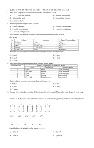 2). CH3- CH(OH)- CH (CH3)- CH2- CH3 + HBr → CH3- CH Br- CH (CH3)- CH2- CH3 + H2O
23. Jenis reaksi yang terjadi pada kedua reaksi tersebut berturut-turut adalah …
A.

Adisi dan eliminasi

D. Subsitusi dan eliminasi

B. Subsitusi dan adisi

E. Eliminasi dan subsitusi

C. Adisi dan subsitusi
24. Nama senyawa reaktan pada reaksi 2) adalah …
A. 3-metil 2-pentanol

D. 2-bromo 3-metil pentana

B. 3-metil 2-bromo pentana

E. 4-bromo 3-metil pentana

C. 2-bromo 3-metil pentanol
25. Data beberapa jenis polimer, monomer, dan reaksi pembentukkannya disajikan dalam
tabel berikut :
No
Polimer
Monomer
Reaksi Pembentukkan
1.
Polietena
Etena
Adisi
2.
Amilum
Propena
Kondensasi
3.
PVC
Vinil klorida
Adisi
4.
Protein
Asam amino
Adisi
5.
Karet Alam
Etena
Kondensasi
Pasangan data yang ketiganya berhubungan dengan tepat ditunjukkan dengan nomor........
A. 3 dan 5

D. 3 dan 4

B. 1 dan 3

E. 4 dan 5

C. 2 dan 4
26. Data percobaan uji protein beberapa bahan makanan sebagai berikut :
Bahan Makanan
Pereaksi yang Digunakan/perubahan Warna
Biuret
Xanthoproteat
Timbal (II) Asetat
P
Ungu
Jingga
Coklat kehitaman
Q
Biru muda
Kuning
Coklat kehitaman
R
Ungu
Jingga
Coklat kehitaman
S
Ungu
Kuning
Tidak berubah
T
Biru Muda
Tidak berwarna
Tidak berubah
Bahan makanan berprotein yang mengandung inti benzena ........
A. Q dan S

D. P dan T

B. S dan T

E. P dan R

C. T dan Q
27. Seorang siswa melakukan percobaan di laboratorium. Siswa tsb mengisi 5 buah gelas kimia dengan 25 ml air yang
suhunya 24 ⁰C. Ke dalam setiap gelas kimia dimasukkan suatu zat sehingga terjadi perubahan suhu sebagai berikut :

25⁰C

1)

21⁰C

2)

27⁰C

3)

23⁰C

4)

20⁰C

5)

Reaksi Endoterm terjadi pada gambar nomer...................
A. 1) dan 2)

C. 2) dan 3)

B. 1) dan 3)

D. 3) dan 4)

 
