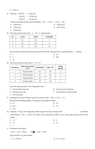 E. 4) dan 5)
28. Diketahui : Δ Hf C2H2 = + 225 kJ molΔ Hf CO2

= - 395 Kj mol-

Δ Hf H2O = - 285 Kj molBesarnya perubahan entalpi reaksi Pembakaran : C2H2 + 5/2 O2 → 2 CO2 + H2O
A. +1300 kJ/mol

D. + 650 kJ/mol

B. – 738 kJ/mol

E. -1075 kJ/mol

C. –1300 kJ/mol
29. Data yang diperoleh dari reaksi : A + B  C sebagai berikut :
No.

[A] M

[B] M

v (M/detik)

1.

0,1

0,1

4

2.

0,1

0,2

8

3.

0,2

0,2

16

Jika konsentrasi [A] dan [B] masing-masing 0,4 M dan 0,4 M, maka laju reaksi yang terjadi adalah ....... M/detik
A. 4

D. 64

B. 8

E. 400

C. 16
30. Data hasil percobaan untuk reaksi P + Q  R
Percobaan

Massa dan bentuk
zat P

[Q] (Molar)

Suhu (OC)

Waktu
(menit)

1

10 gram serbuk

0,1

20

3

2

10 gram keping

0,1

20

4

3

10 gram keping

0,2

20

2

4

10 gram serbuk

0,2

20

1

Laju reaksi pada percobaan 1 dan 3 dipengaruhi oleh ......
A. luas permukaan dan suhu

D. katalis dan luas permukaan

B. konsentrasi dan suhu

E. luas permukaan dan konsentrasi

C. suhu dan katalis
31. Dipanaskan 2 mol gas HI dalam ruang 2 liter menurut reaksi : 2HI (g)  H2 (g) + I2 (g)
Jika pada saat setimbang terdapat 1,0 mol gas H2 maka harga Kc adalah .....
A. 0,1

D. 0,5

B. 0,15

E. 1,0

C. 0,25
32. Sebanyak 1 mol gas N2O4 dipanaskan dalam ruangan dan terurai sebanyak 50%

membentuk

kesetimbangan : N2O4  2NO2. Jika tekanan total campuran gas adalah 6 atm, maka harga K p pada reaksi tersebut
adalah .....
A. 1/8

D. 8

B. 1/4

E. 16

C. 1
33. Persamaan reaksi redoks :
a C2O42- + b H+ + c MnO4-

d CO2 + e H2O + f Mn2+

Harga koefisien a,c,e dan f adalah.. ..
A. 5, 2, 10 dan 2

B. 10, 2 ,5 dan 2

 