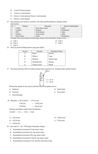 B.

3-metil 2-bromo pentana

C.

2-bromo 3-metil pentana

D. 2-bromo 3-metil pentana2-bromo 3-metil pentana
E. 4-bromo 3-metil pentana
25. Data beberapa jenis polimer, monomer, dan reaksi pembentukkannya disajikan dalam
tabel berikut :
No
Polimer
Monomer
Reaksi Pembentukkan
1.
Teflon
Tetra fluoro etena
Adisi
2.
Amilum
Propena
Kondensasi
3.
PVC
Vinil klorida
Adisi
4.
Protein
Asam amino
Adisi
5.
Karet Alam
Etena
Kondensasi
Pasangan data yang ketiganya berhubungan dengan tepat ditunjukkan dengan nomor........
A. 1 dan 3
B. 2 dan 4
C. 3 dan 4
26. Hasil uji positif terhadap protein yang tepat adalah....
Protein
A.

D. 3 dan 5
E. 4 dan 5

Biuret

Pereaksi

Perubahan Warna
Kuning

B.

Millons

Ungu

C.

Mollisch

Merah-Ungu

D.

Xanthoproteat

Kuning

E.

Timbal Asetat

Merah

27. Percobaan pelarutan NH4Cl ke dalam tabung reaksi yang berisi air disajikan dalam gambar berikut :
NH4Cl

T1 = 27 0C
T2 = 20 0C
Berdasarkan gambar di atas, proses pelarutan NH4Cl merupakan proses....
A. Endoterm

D. Bolak-balik

B. Eksoterm

E. Irreversibel

C. Kesetimbangan
28. Diketahui : Δ Hf C2H5OH = - 918 kJ molΔ Hf CO2

= - 394 Kj mol-

Δ Hf H2O

= - 286 Kj mol-

Besarnya perubahan entalpi reaksi Pembakaran :
C2H5OH + 3 O2 → 2 CO2 + 3 H2O
A. – 238 kJ/mol

D. –1300 kJ/mol

B. – 476 kJ/mol

E. - 728 kJ/mol

C. + 650 kJ/mol
29. Laju reaksi P + 3Q  PQ3 dapat dinyatakan sebagai .....
A. bertambahnya konsentrasi P tiap satuan waktu
B. bertambahnya konsentrasi Q2 tiap satuan waktu
C. bertambahnya konsentrasi PQ3 tiap satuan waktu
D. bertambahnya konsentrasi P dan Q2 tiap satuan waktu
E. bertambahnya konsentrasi P, Q2, dan PQ3 tiap satuan waktu

 