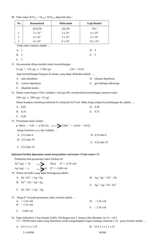30. Pada reaksi 2CO (g) + O2 (g)  2CO2 (g) diperoleh data :
No

Konsentrasi

Mula-mula

Laju Reaksi

[CO] M

[O2] M

M/s

-3

-3

1.

2 x 10

2 x 10

4 x 10-4

2.

4 x 10-3

2 x 10-3

8 x 10-4

3.

4 x 10-3

8 x 10-3

32 x 10-4

Orde reaksi totalnya adalah .....
A. 1

D. 4

B. 2

E. 5

C. 3
31. Gas amoniak dibuat melalui reaksi kesetimbangan
N2 (g) + 3 H2 (g)  2 NH3 (g)

H = –92 kJ

Agar kesetimbangan bergeser ke kanan, yang dapat dilakukan adalah .....
A. suhu dinaikkan

D. tekanan diperbesar

B. volume diperbesar

E. gas hidrogen dikurangi

C. ditambah katalis
32. Dalam suatu bejana 5 liter, terdapat 1 mol gas SO3 membentuk kesetimbangan menurut reaksi
2SO3 (g)  2SO2 (g) + O2 (g)
Dalam keadaan setimbang terbentuk O2 sebanyak 0,25 mol. Maka harga tetapan kesetimbangan Kc adalah .....
A. 0,05

D. 0,50

B. 0,10

E. 0,75

C. 0,20
33. Persamaan reaksi redoks :
a MnO4- + b H+ + c H2C2O4

d Mn2+ + e H2O + f CO2

Harga koefisien a,c,e dan f adalah.. ..
A. 2,5,4 dan 4

D. 4,5,6 dan 8

B. 2,5,6 dan 10

E. 4,5,6 dan 10

C. 2,5,8 dan 10
Informasi berikut digunakan untuk mengerjakan soal nomor 34 dan nomor 35.
Perhatikan data persamaan reaksi berikut ini!
Zn2+(aq) + 2e
Ag+ (aq) + e

Zn(s)
Ag(s)

E0 = - 0,76 volt

E0 = + 0,80 volt

34. Notasi sel reaksi yang dapat berlangsung adalah .
A. Zn / Zn2+ // Ag / Ag+
B. Zn2+ / Zn // Ag+/ Ag

D. Ag / Ag+ // Zn2+ / Zn
E. Ag+ / Ag // Zn / Zn2+

C. Zn / Zn2+ // Ag+ / Ag
35. Harga E0 sel pada persamaan reaksi tersebut adalah ....
A. + 1,56 volt
B. + 1,16 volt

D. – 1,56 volt
E. – 2,36 volt

C. + 0,06 volt
36. Pada elektrolisis 1 liter larutan CuSO4 1M dengan arus 2 Ampere.Jika diketahui Ar Cu = 63,5
1 F = 96500 maka waktu yang diperlukan untuk mengendapkan logam tembaga sebanyak 1,18 gram tersebut adalah ....
A. 63,5 x 2 x 1,18
2 x 96500

B. 63,5 x 2 x 2 x 1,18
96500

 