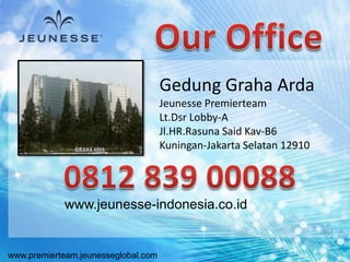 www.premierteam.jeunesseglobal.com
www.jeunesse-indonesia.co.id
Gedung Graha Arda
Jeunesse Premierteam
Lt.Dsr Lobby-A
Jl.HR.Rasuna Said Kav-B6
Kuningan-Jakarta Selatan 12910
 