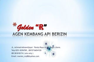 *Golden “R”
JL. Achmad Adnawidjaya/ Pandu Raya no 45, Bogor Utara.
Telp 0251-8394769 , 0815716654120
081381818174 ( sms only )
Email: maniez_my88@yahoo.com

 