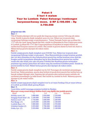 Paket 5
                    5 hari 4 malam
       Tour ke Lombok- Paket Keluarga /rombongan
       karyawan/honey moon. @ RP 2.100.000 – Rp
                       3.750.000


program tour sbb:
Hari 1 :
Tiba di bandara,dijemput oleh tour guide dan langsung menuju restoran Taliwang utk makan
siang. Setelah itu,peserta diajak mengikuti acara city tour. Dalam tour ini peserta akan
mengunjungi beberapa tempat wisata,diantaranya : Taman Narmada,Taman raja yg dibuat thn
1727 oleh raja Anak Agung Ngurah dari Bali, setelah itu dilanjutkan ke Pura Lingsar,pura tertua
di Lombok yg dibuat thn 1714. Dari Lingsar,perjalanan di lanjutkan ke tempat mutiara utk
melihat hasil kerajinan mutiara di Lombok. Dan setelah itu,peserta diantar ke hotel utk check-in.
Malam harinya,peserta dijemput utk makan malam.
Hari 2 :
Setelah sarapan,peserta diajak mengikuti acara SASAK Tour, Dalam tour ini,peserta akan
mengunjungi beberapa tempat wisata,seperti : Desa Banyumulek,desa tempat kerajinan gerabah,
dari sini akan dilanjutkan ke desa Sukarara,disini peserta bias melihat kerajinan tenun ikad dan
Songket,setelah itu,perjalanan dilanjutkan lagi ke desa Rambitan,disini peserta bias melihat
rumah adat suku Sasak,yaitu suku asli pulau LOmbok.Dari Rambitan,peserta melanjutkan
perjalanan lagi menuju pantai Kuta utk makan siang dan menikmati keindahan pantai. Setelah itu
peserta kembali ke hotel. Malam harinya,peserta akan dijemput utk makan malam.
Hari 3:
Setelah sarapan,peserta diajak mengikuti tour ke Gili Trawangan utk menikmati pemandangan
bawah laut. Dalam perjalanan, peserta akan berhenti di pusuk,disini peserta bias melihat kera yg
banyak terdapat dipinggir jalan, Sepulang dari gili,peserta akan melawati pantai malimbu utk
menikmati pemandangan yg indah disana. Dan setelah itu, kembali ke hotel. Malamnya,peserta
dijemput lg utk makan malam.
Hari 4:
Setelah sarapan pagi,peserta diajak mengikuti tour ke air terjun Sendang Gila,air terjun terbesar
di Lombok yg terlatak dikaki gunung Rinjani.
Hari 5:
Acara bebas sambil menunggu jemputan kembali ke Bandara
Biaya per orang sesuai dengan fasilitas hotel yang dipilih dan jumlah peserta.
  Hotel                         2             3-4            5-6         Remarks
Holiday resort (4)           3.000.000     2.850.000       2.550.000
Senggigi beach hotel (4) 3.100.000         2.950.000       2.700.000
Sentosa resort (4)           3.750.000     3.600.000       3.200.000
Puri Bunga (3)               2.650.000     2.600.000       2.100.000
Lombok Raya (3)              3.000.000     2.850.000       2.550.000
LOmbok Garden (2)            2.850.000     2.700.000       2.400.000
Graha Ayu (2)                2.850.000     2.500.000       2.100.000
 