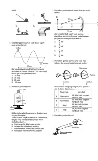 adalah ....
11. Gelombang permukaan air suatu danau seperti
pada gambar berikut :
Bila kedua gabus tersebut naik turun bersama
permukaan air dengan frekuensi 2 Hz, maka cepat
rambat gelombang tersebut adalah ....
A. 20 cm/s
B. 30 cm/s
C. 80 cm/s
D. 120 cm/s
12. Perhatikan gambar berikut !
Bel listrik dibunyikan terus menerus di dalam ruang
sungkup. Kemudian
udara di dalam sungkup dikeluarkan sampai habis,
ternyata bunyi bel tidak terdengar lagi. Hal ini
disebabkan bunyi ....
A. tidak merambat dalam ruang tertutup
B. terbawa oleh udara keluar sungkup
C. tidak merambat dalam ruang hampa udara
D. tidak dapat merambat melalui zat padat
13. Perhatikan gambar sebuah benda di depan cermin
berikut!
Jika benda benda B seperti pada gambar,
dipantulkan oleh cermin tersebut, maka bayangan
yang terbentuk mengalami perbesaran.....
A.
5
4
kali
B.
3
2
kali
C.
2
1
kali
D.
3
1
kali
14. Perhatikan gambar jalannya sinar pada mata
sebelum dan sesudah pakai kacamata berikut !
Berdasarkan data yang tampak pada gambar I
dan II, dapat dipastikan ....
Cacat mata penyebab
A Hipermetropi
titik dekat mata bergeser
menjauhi mata
B Hipermetropi
titik dekat mata bergeser
mendekati mata
C Miopi
titik jauh mata bergeser
menjauhi mata
D Miopi
titik jauh mata bergeser
mendekati mata
15. Perhatikan gambar berikut !
A. C.
B. D.
Gabus
1
Gabus
290 cm
Gambar
I
Gambar
II
Retina
Kacamata
B
 