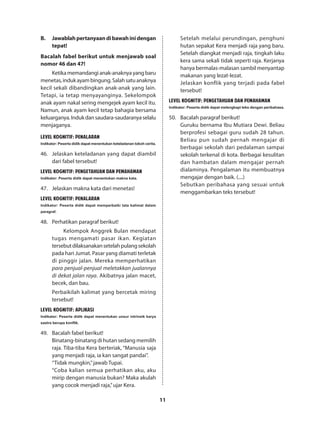 11
B.	 Jawablahpertanyaandibawahinidengan
tepat!
Bacalah fabel berikut untuk menjawab soal
nomor 46 dan 47!
Ketikamemandangianak-anaknyayangbaru
menetas,indukayambingung.Salahsatuanaknya
kecil sekali dibandingkan anak-anak yang lain.
Tetapi, ia tetap menyayanginya. Sekelompok
anak ayam nakal sering mengejek ayam kecil itu.
Namun, anak ayam kecil tetap bahagia bersama
keluarganya.Indukdansaudara-saudaranyaselalu
menjaganya.
LEVEL KOGNITIF: PENALARAN
Indikator:Pesertadidikdapatmenentukanketeladanantokohcerita.
46.	 Jelaskan keteladanan yang dapat diambil
dari fabel tersebut!
LEVEL KOGNITIF: PENGETAHUAN DAN PEMAHAMAN
Indikator: Peserta didik dapat menentukan makna kata.
47.	 Jelaskan makna kata dari menetas!
LEVEL KOGNITIF: PENALARAN
Indikator: Peserta didik dapat memperbaiki tata kalimat dalam
paragraf.
48.	 Perhatikan paragraf berikut!
Kelompok Anggrek Bulan mendapat
tugas mengamati pasar ikan. Kegiatan
tersebutdilaksanakansetelahpulangsekolah
pada hari Jumat. Pasar yang diamati terletak
di pinggir jalan. Mereka memperhatikan
para penjual-penjual meletakkan jualannya
di dekat jalan raya. Akibatnya jalan macet,
becek, dan bau.
Perbaikilah kalimat yang bercetak miring
tersebut!
LEVEL KOGNITIF: APLIKASI
Indikator: Peserta didik dapat menentukan unsur intrinsik karya
sastra berupa konflik.
49.	 Bacalah fabel berikut!
Binatang-binatang di hutan sedang memilih
raja. Tiba-tiba Kera berteriak, “Manusia saja
yang menjadi raja, ia kan sangat pandai”.
“Tidak mungkin,”jawab Tupai.
“Coba kalian semua perhatikan aku, aku
mirip dengan manusia bukan? Maka akulah
yang cocok menjadi raja,”ujar Kera.
Setelah melalui perundingan, penghuni
hutan sepakat Kera menjadi raja yang baru.
Setelah diangkat menjadi raja, tingkah laku
kera sama sekali tidak seperti raja. Kerjanya
hanya bermalas-malasan sambil menyantap
makanan yang lezat-lezat.
Jelaskan konflik yang terjadi pada fabel
tersebut!
LEVEL KOGNITIF: PENGETAHUAN DAN PEMAHAMAN
Indikator: Peserta didik dapat melengkapi teks dengan peribahasa.
50.	 Bacalah paragraf berikut!
Guruku bernama Ibu Mutiara Dewi. Beliau
berprofesi sebagai guru sudah 28 tahun.
Beliau pun sudah pernah mengajar di
berbagai sekolah dari pedalaman sampai
sekolah terkenal di kota. Berbagai kesulitan
dan hambatan dalam mengajar pernah
dialaminya. Pengalaman itu membuatnya
mengajar dengan baik. (....)
Sebutkan peribahasa yang sesuai untuk
menggambarkan teks tersebut!
 