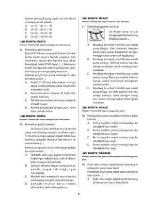 9
Urutan petunjuk yang tepat cara membuat
es kelapa muda adalah ....
A.	(5)−(4)−(2)−(1)−(3)
B.	(5)−(2)−(4)−(1)−(3)
C.	(5)−(4)−(1)−(2)−(3)
D.	(5)−(2)−(1)−(4)−(3)
LEVEL KOGNITIF: APLIKASI
Indikator: Peserta didik dapat melengkapi jenis teks laporan.
35.	 Perhatikan teks berikut!
Pukul 05.00 kami sampai di Asrama Pondok
Gede. Kami segera mandi, sarapan, dan
mempersiapkan diri karena bus akan
berangkat pukul 07.00 tepat. [....] Walaupun
masih mengantuk karena perjalanan jauh,
kami tetap semangat dan penasaran.
Kalimat yang tepat untuk melengkapi teks
tersebut adalah ....
A.	 Pukul 07.00 bus berangkat menuju
objek wisata pertama, yaituTaman Mini
Indonesia Indah.
B.	 Kemudian kami sarapan di hotel dan
segera naik bus.
C.	 Tak lama kemudian, akhirnya sampai di
tempat tujuan.
D.	 Karena perjalanan sangat jauh, kami
tidur dahulu di bus.
LEVEL KOGNITIF: APLIKASI
Indikator: Peserta didik dapat melengkapi jenis teks pidato.
36.	 Perhatikan pidato berikut!
Seringkali kita melihat murid-murid
yang membuang sampah sembarangan.
Tentu kita sebagai warga sekolah tidak mau
melihat sampah tersebut berserakan di
mana-mana. [....]
Kalimat yang tepat untuk melengkapi pidato
tersebut adalah ....
A.	 Sampah tadi juga dapat mencemari
lingkungan sekolah kita, baik di dalam
kelas maupun di luar kelas.
B.	 Sampah tersebut dapat menyebabkan
wabah penyakit di lingkungan
masyarakat.
C.	 Marilah kita menyuruh murid-murid
membuang sampah pada tempatnya.
D.	 Sampah tersebut harus segera
dibersihkan oleh tukang kebun.
LEVEL KOGNITIF: APLIKASI
Indikator: Peserta didik dapat menyusun teks deskripsi.
37.	 Perhatikan gambar berikut!
Deskripsi yang sesuai
dengangambarbinatang
tersebut adalah ....
A.	 Binatang tersebut memiliki jiwa sosial
yang tinggi. Jika bertemu dengan
kerabatnya, ia akan bersalaman dengan
menggunakan antena di kepalanya.
B.	 Binatang tersebut memiliki jiwa sosial
yang kurang. Terlihat bahwa mereka
saling berebutan untuk mendapatkan
makanan.
C.	 Binatang tersebut memiliki jiwa sosial
yang kurang. Biasanya mereka bekerja
hanya untuk memenuhi keinginan
sendiri-sendiri.
D.	 Binatang tersebut memiliki jiwa sosial
yang tinggi. Terlihat bahwa mereka
saling bekerja sama dengan yang
lain untuk mengangkat sebongkah
makanan.
LEVEL KOGNITIF: APLIKASI
Indikator: Peserta didik dapat menggunakan ejaan.
38.	 Penggunaan ejaan yang tepat terdapat pada
kalimat ....
A.	 Retno berpikir untuk melanjutkan ke
sekolah di luar negeri.
B.	 Retno berfikir untuk melanjutkan ke
sekolah di luar negeri.
C.	 Retno berpikir untuk melanjutkan ke
sekolah di luar negri.
D.	 Retno berfikir untuk melanjutkan ke
sekolah di luar negri.
LEVEL KOGNITIF: PENALARAN
Indikator: Peserta didik dapat memperbaiki kesalahan penggunaan
ejaan.
39.	 Pada rabu malam, terjadi banjir bandang di
kabupaten garut Jawa Barat.
Perbaikan ejaan yang tepat pada kalimat di
atas adalah ....
A.	 Padarabumalam,terjadiBanjirBandang
di kabupaten Garut Jawa Barat.
 