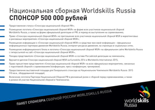 ПАКЕТ СПОНСОРА СБОРНОЙ РОССИИ WORLDSKILLS RUSSIA
Национальная сборная Worldskills Russia
СПОНСОР 500 000 рублей
Предоставление статуса «Спонсора национальной сборной РФ»;
Размещение логотипа «Спонсора национальной сборной WSR» на форме всех участников национальной сборной
Worldskills Russia, а также на форме официальной делегации от РФ, в период их выступления на соревнованиях;
Право «Спонсора национальной сборной WSR» на приглашение всех участников национальной сборной WSR в маркетинговых
и рекламных мероприятиях «Спонсора национальной сборной WSR»;
Размещение информации о «Спонсоре национальной сборной WSR» в средствах массовой информации – официальных
информационных партнерах движения Worldskills Russia, интернет-ресурсах движения, на страницах в социальных сетях;
Размещение информационного блока и логотипа «Спонсора национальной сборной WSR» на официальном сайте Worldskills Russia
с гиперссылкой на сайт «Спонсора национальной сборной WSR»;
Поездка представителя «Спонсора национальной сборной WSR» в составе Российской делегации на чемпионаты;
Вручается диплом Спонсора национальной сборной WSR на Euroskills 2014 и Worldskills International-2015;
Право присутствия представителя «Спонсора национальной сборной WSR» на всех официальных мероприятиях, связанных
с подготовкой сборной к соревнованиям (конференции, пресс-конференции, тренировки).
Предоставление выставочной площади для Генерального спонсора на Национальном Чемпионате Worldskills Russia 2015
(10 кв.м., оборудованной площади);
Включение логотипа Партнера Национальной Сборной РФ в рекламный ролик о сборной перед соревнованиями, а также
в ролики об участии Национальной сборной в Чемпионатах.
 