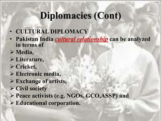 Diplomacies (Cont)
• CULTURAL DIPLOMACY
• Pakistan India cultural relationship can be analyzed
in terms of
 Media,
 Lite...