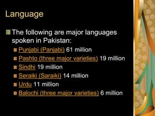 Language

 The following are major languages
 spoken in Pakistan:
   Punjabi (Panjabi) 61 million
   Pashto (three major varieties) 19 million
   Sindhi 19 million
   Seraiki (Saraiki) 14 million
   Urdu 11 million
   Balochi (three major varieties) 6 million
 