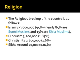  The Religious breakup of the country is as
follows:
 Islam 173,000,000 (95%) (nearly 85% are
Sunni Muslims and 15% are Shi'a Muslims).
 Hinduism 3,200,000 (1.85%)
 Christianity 2,800,000 (1.6%)
 Sikhs Around 20,000 (0.04%)
 
