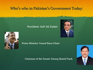 Who’s who in Pakistan’s Government Today:

President: Asif Ali Zadari

Prime Minister: Yousaf Rasa Gilani

Chairman of the Senate: Farooq Hamid Naek

 