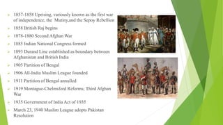  1857-1858 Uprising, variously known as the first war
of independence, the Mutiny,and the Sepoy Rebellion
 1858 British Raj begins
 1878-1880 Second Afghan War
 1885 Indian National Congress formed
 1893 Durand Line established as boundary between
Afghanistan and British India
 1905 Partition of Bengal
 1906 All-India Muslim League founded
 1911 Partition of Bengal annulled
 1919 Montague-Chelmsford Reforms; Third Afghan
War
 1935 Government of India Act of 1935
 March 23, 1940 Muslim League adopts Pakistan
Resolution
 