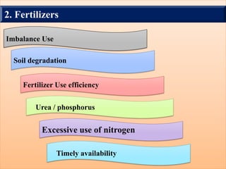 Fertilizer Use efficiency
Urea / phosphorus
Soil degradation
Imbalance Use
Timely availability
Excessive use of nitrogen
2. Fertilizers
 