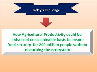 How Agricultural Productivity could be
enhanced on sustainable basis to ensure
food security for 200 million people without
disturbing the ecosystem
Today’s Challenge
 