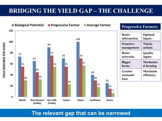BRIDGING THE YIELD GAP – THE CHALLENGE
73
65
90
70
100
40
25
55
45
75
55
70
30
15
30 32
55
23
57
18
7
0
20
40
60
80
100
120
Wheat Rice-Basmati
(Paddy)
Rice-IRRI
(Paddy)
Cotton Maize Sunflower Grams
YIELD(MAUNDSPERACRE)
Biological Potential Progressive Farmer Average Farmer
Better
information
Optimal
inputs
Proactive
management
Timely
actions
Better
networks
Quality
inputs
Bigger
farms
Mechanize
d farming
Greater
economic
base
Maximum
efficiency
Progressive Farmers
The relevant gap that can be narrowed
 