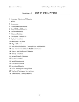 Education in Pakistan A White Paper (Revised) -February 2007
- 67 -
Attachment I LIST OF GREEN PAPERS
1. Vision and Objectives of Education
2. Access
3. Assessments
4. Defining Quality Education
5. Early Childhood Education
6. Education Financing
7. Education Statistics
8. Education in Emergencies
9. Equity in Education
10. Gender and Education
11. Higher Education
12. Information Technology, Communication and Education
13. Inter Tier Responsibilities in the Education Sector
14. Literacy and Non Formal Education
15. Primary Education
16. Private Sector in Education
17. Science Education
18. School Management
19. School Environment
20. Secondary Education
21. Sector Planning and Management
22. Teachers (Training and Accreditation)
23. Textbooks and Learning Materials
_________________________________________________________________________________
 