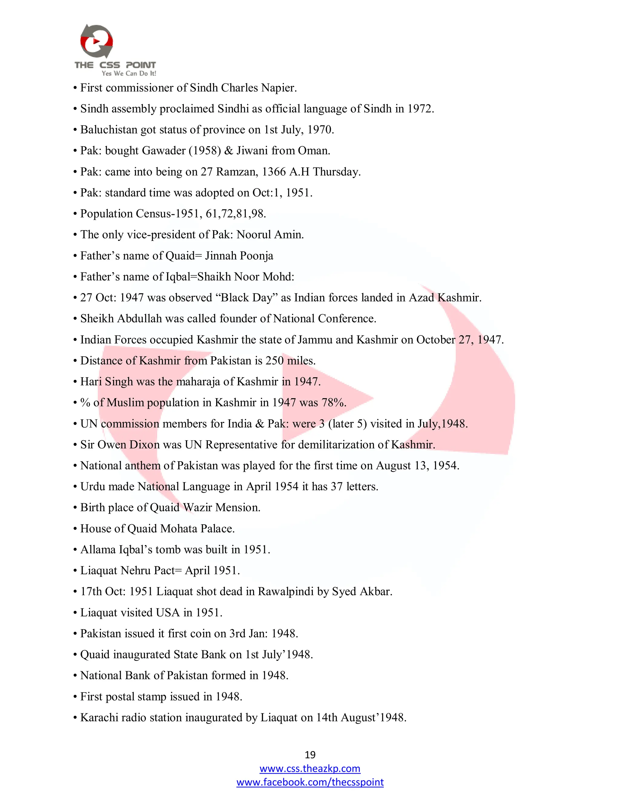 19
www.css.theazkp.com
www.facebook.com/thecsspoint
• First commissioner of Sindh Charles Napier.
• Sindh assembly proclaimed Sindhi as official language of Sindh in 1972.
• Baluchistan got status of province on 1st July, 1970.
• Pak: bought Gawader (1958) & Jiwani from Oman.
• Pak: came into being on 27 Ramzan, 1366 A.H Thursday.
• Pak: standard time was adopted on Oct:1, 1951.
• Population Census-1951, 61,72,81,98.
• The only vice-president of Pak: Noorul Amin.
• Father‘s name of Quaid= Jinnah Poonja
• Father‘s name of Iqbal=Shaikh Noor Mohd:
• 27 Oct: 1947 was observed ―Black Day‖ as Indian forces landed in Azad Kashmir.
• Sheikh Abdullah was called founder of National Conference.
• Indian Forces occupied Kashmir the state of Jammu and Kashmir on October 27, 1947.
• Distance of Kashmir from Pakistan is 250 miles.
• Hari Singh was the maharaja of Kashmir in 1947.
• % of Muslim population in Kashmir in 1947 was 78%.
• UN commission members for India & Pak: were 3 (later 5) visited in July,1948.
• Sir Owen Dixon was UN Representative for demilitarization of Kashmir.
• National anthem of Pakistan was played for the first time on August 13, 1954.
• Urdu made National Language in April 1954 it has 37 letters.
• Birth place of Quaid Wazir Mension.
• House of Quaid Mohata Palace.
• Allama Iqbal‘s tomb was built in 1951.
• Liaquat Nehru Pact= April 1951.
• 17th Oct: 1951 Liaquat shot dead in Rawalpindi by Syed Akbar.
• Liaquat visited USA in 1951.
• Pakistan issued it first coin on 3rd Jan: 1948.
• Quaid inaugurated State Bank on 1st July‘1948.
• National Bank of Pakistan formed in 1948.
• First postal stamp issued in 1948.
• Karachi radio station inaugurated by Liaquat on 14th August‘1948.
 