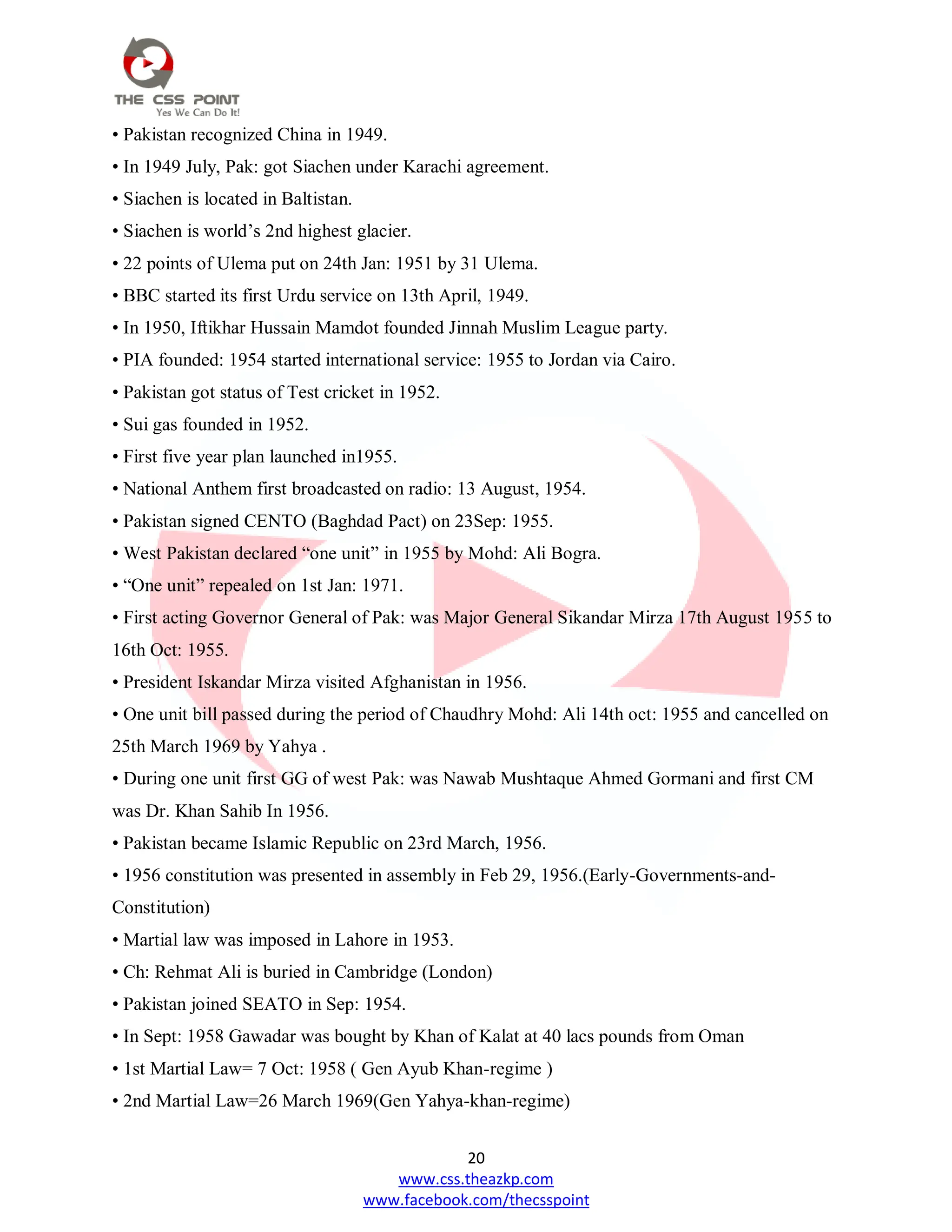 20
www.css.theazkp.com
www.facebook.com/thecsspoint
• Pakistan recognized China in 1949.
• In 1949 July, Pak: got Siachen under Karachi agreement.
• Siachen is located in Baltistan.
• Siachen is world‘s 2nd highest glacier.
• 22 points of Ulema put on 24th Jan: 1951 by 31 Ulema.
• BBC started its first Urdu service on 13th April, 1949.
• In 1950, Iftikhar Hussain Mamdot founded Jinnah Muslim League party.
• PIA founded: 1954 started international service: 1955 to Jordan via Cairo.
• Pakistan got status of Test cricket in 1952.
• Sui gas founded in 1952.
• First five year plan launched in1955.
• National Anthem first broadcasted on radio: 13 August, 1954.
• Pakistan signed CENTO (Baghdad Pact) on 23Sep: 1955.
• West Pakistan declared ―one unit‖ in 1955 by Mohd: Ali Bogra.
• ―One unit‖ repealed on 1st Jan: 1971.
• First acting Governor General of Pak: was Major General Sikandar Mirza 17th August 1955 to
16th Oct: 1955.
• President Iskandar Mirza visited Afghanistan in 1956.
• One unit bill passed during the period of Chaudhry Mohd: Ali 14th oct: 1955 and cancelled on
25th March 1969 by Yahya .
• During one unit first GG of west Pak: was Nawab Mushtaque Ahmed Gormani and first CM
was Dr. Khan Sahib In 1956.
• Pakistan became Islamic Republic on 23rd March, 1956.
• 1956 constitution was presented in assembly in Feb 29, 1956.(Early-Governments-and-
Constitution)
• Martial law was imposed in Lahore in 1953.
• Ch: Rehmat Ali is buried in Cambridge (London)
• Pakistan joined SEATO in Sep: 1954.
• In Sept: 1958 Gawadar was bought by Khan of Kalat at 40 lacs pounds from Oman
• 1st Martial Law= 7 Oct: 1958 ( Gen Ayub Khan-regime )
• 2nd Martial Law=26 March 1969(Gen Yahya-khan-regime)
 