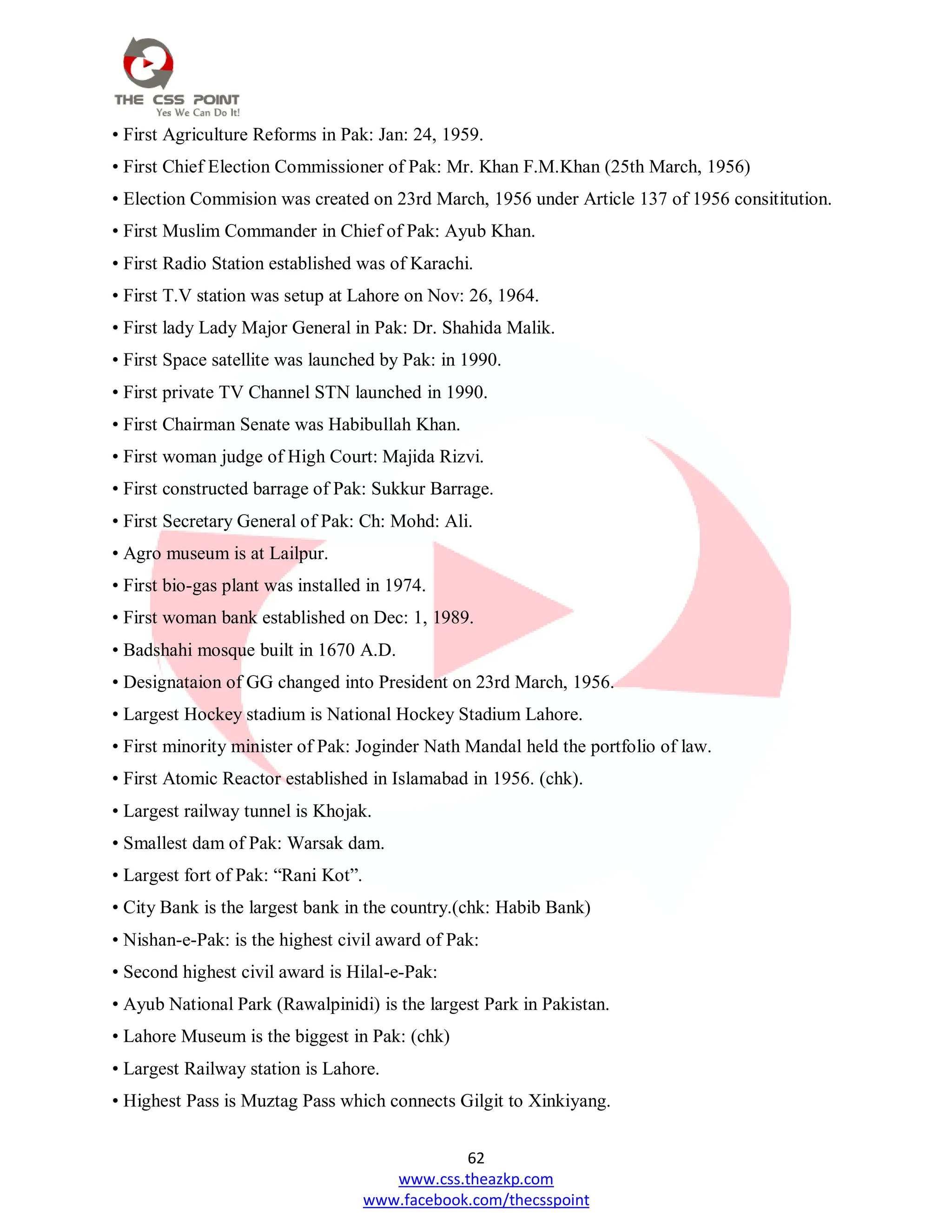 62
www.css.theazkp.com
www.facebook.com/thecsspoint
• First Agriculture Reforms in Pak: Jan: 24, 1959.
• First Chief Election Commissioner of Pak: Mr. Khan F.M.Khan (25th March, 1956)
• Election Commision was created on 23rd March, 1956 under Article 137 of 1956 consititution.
• First Muslim Commander in Chief of Pak: Ayub Khan.
• First Radio Station established was of Karachi.
• First T.V station was setup at Lahore on Nov: 26, 1964.
• First lady Lady Major General in Pak: Dr. Shahida Malik.
• First Space satellite was launched by Pak: in 1990.
• First private TV Channel STN launched in 1990.
• First Chairman Senate was Habibullah Khan.
• First woman judge of High Court: Majida Rizvi.
• First constructed barrage of Pak: Sukkur Barrage.
• First Secretary General of Pak: Ch: Mohd: Ali.
• Agro museum is at Lailpur.
• First bio-gas plant was installed in 1974.
• First woman bank established on Dec: 1, 1989.
• Badshahi mosque built in 1670 A.D.
• Designataion of GG changed into President on 23rd March, 1956.
• Largest Hockey stadium is National Hockey Stadium Lahore.
• First minority minister of Pak: Joginder Nath Mandal held the portfolio of law.
• First Atomic Reactor established in Islamabad in 1956. (chk).
• Largest railway tunnel is Khojak.
• Smallest dam of Pak: Warsak dam.
• Largest fort of Pak: ―Rani Kot‖.
• City Bank is the largest bank in the country.(chk: Habib Bank)
• Nishan-e-Pak: is the highest civil award of Pak:
• Second highest civil award is Hilal-e-Pak:
• Ayub National Park (Rawalpinidi) is the largest Park in Pakistan.
• Lahore Museum is the biggest in Pak: (chk)
• Largest Railway station is Lahore.
• Highest Pass is Muztag Pass which connects Gilgit to Xinkiyang.
 