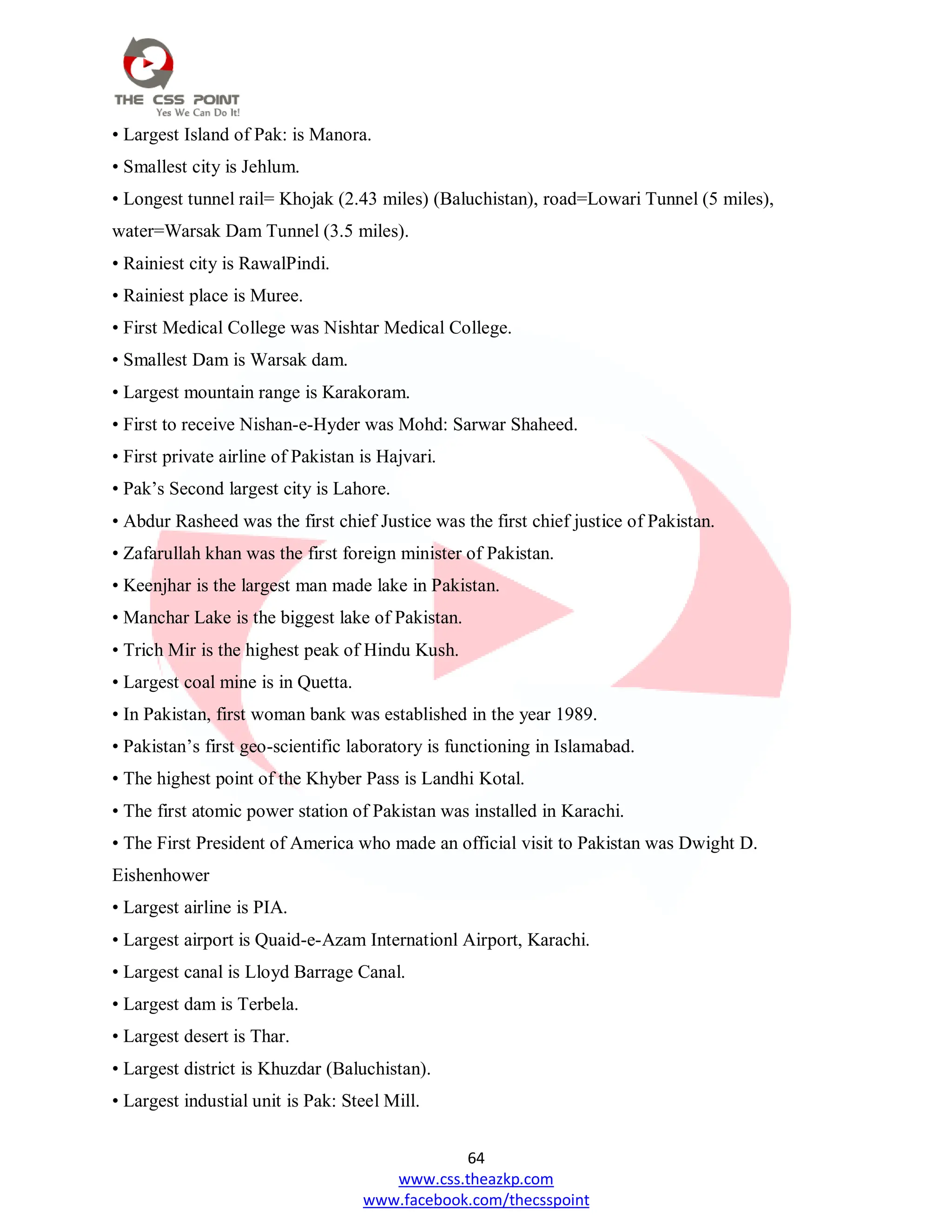 64
www.css.theazkp.com
www.facebook.com/thecsspoint
• Largest Island of Pak: is Manora.
• Smallest city is Jehlum.
• Longest tunnel rail= Khojak (2.43 miles) (Baluchistan), road=Lowari Tunnel (5 miles),
water=Warsak Dam Tunnel (3.5 miles).
• Rainiest city is RawalPindi.
• Rainiest place is Muree.
• First Medical College was Nishtar Medical College.
• Smallest Dam is Warsak dam.
• Largest mountain range is Karakoram.
• First to receive Nishan-e-Hyder was Mohd: Sarwar Shaheed.
• First private airline of Pakistan is Hajvari.
• Pak‘s Second largest city is Lahore.
• Abdur Rasheed was the first chief Justice was the first chief justice of Pakistan.
• Zafarullah khan was the first foreign minister of Pakistan.
• Keenjhar is the largest man made lake in Pakistan.
• Manchar Lake is the biggest lake of Pakistan.
• Trich Mir is the highest peak of Hindu Kush.
• Largest coal mine is in Quetta.
• In Pakistan, first woman bank was established in the year 1989.
• Pakistan‘s first geo-scientific laboratory is functioning in Islamabad.
• The highest point of the Khyber Pass is Landhi Kotal.
• The first atomic power station of Pakistan was installed in Karachi.
• The First President of America who made an official visit to Pakistan was Dwight D.
Eishenhower
• Largest airline is PIA.
• Largest airport is Quaid-e-Azam Internationl Airport, Karachi.
• Largest canal is Lloyd Barrage Canal.
• Largest dam is Terbela.
• Largest desert is Thar.
• Largest district is Khuzdar (Baluchistan).
• Largest industial unit is Pak: Steel Mill.
 