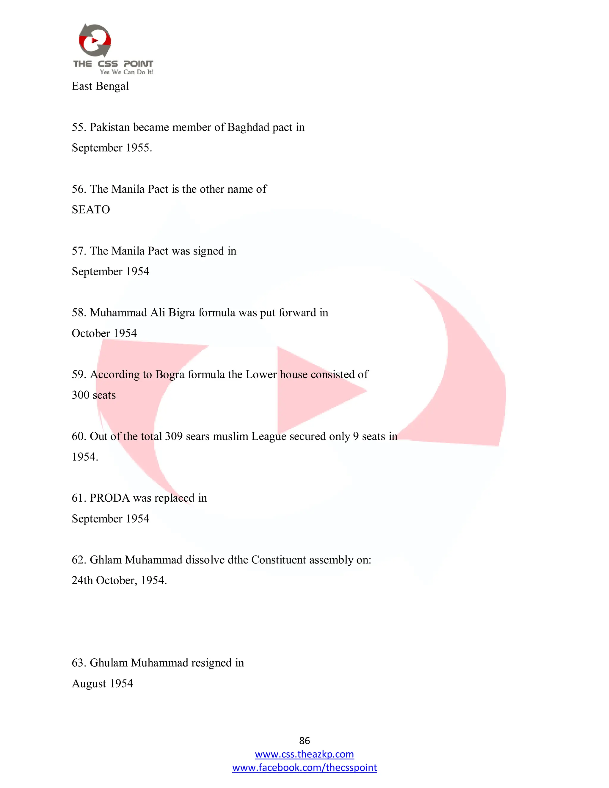 86
www.css.theazkp.com
www.facebook.com/thecsspoint
East Bengal
55. Pakistan became member of Baghdad pact in
September 1955.
56. The Manila Pact is the other name of
SEATO
57. The Manila Pact was signed in
September 1954
58. Muhammad Ali Bigra formula was put forward in
October 1954
59. According to Bogra formula the Lower house consisted of
300 seats
60. Out of the total 309 sears muslim League secured only 9 seats in
1954.
61. PRODA was replaced in
September 1954
62. Ghlam Muhammad dissolve dthe Constituent assembly on:
24th October, 1954.
63. Ghulam Muhammad resigned in
August 1954
 