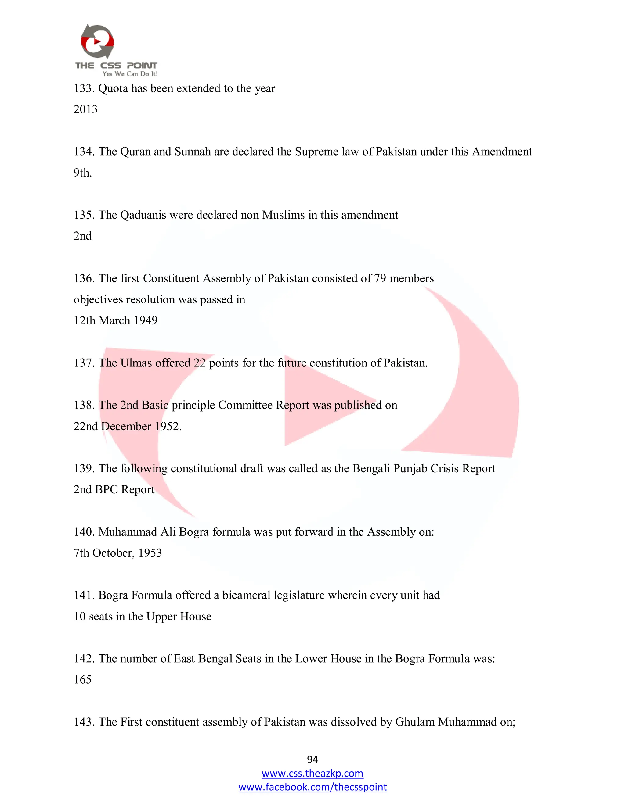 94
www.css.theazkp.com
www.facebook.com/thecsspoint
133. Quota has been extended to the year
2013
134. The Quran and Sunnah are declared the Supreme law of Pakistan under this Amendment
9th.
135. The Qaduanis were declared non Muslims in this amendment
2nd
136. The first Constituent Assembly of Pakistan consisted of 79 members
objectives resolution was passed in
12th March 1949
137. The Ulmas offered 22 points for the future constitution of Pakistan.
138. The 2nd Basic principle Committee Report was published on
22nd December 1952.
139. The following constitutional draft was called as the Bengali Punjab Crisis Report
2nd BPC Report
140. Muhammad Ali Bogra formula was put forward in the Assembly on:
7th October, 1953
141. Bogra Formula offered a bicameral legislature wherein every unit had
10 seats in the Upper House
142. The number of East Bengal Seats in the Lower House in the Bogra Formula was:
165
143. The First constituent assembly of Pakistan was dissolved by Ghulam Muhammad on;
 