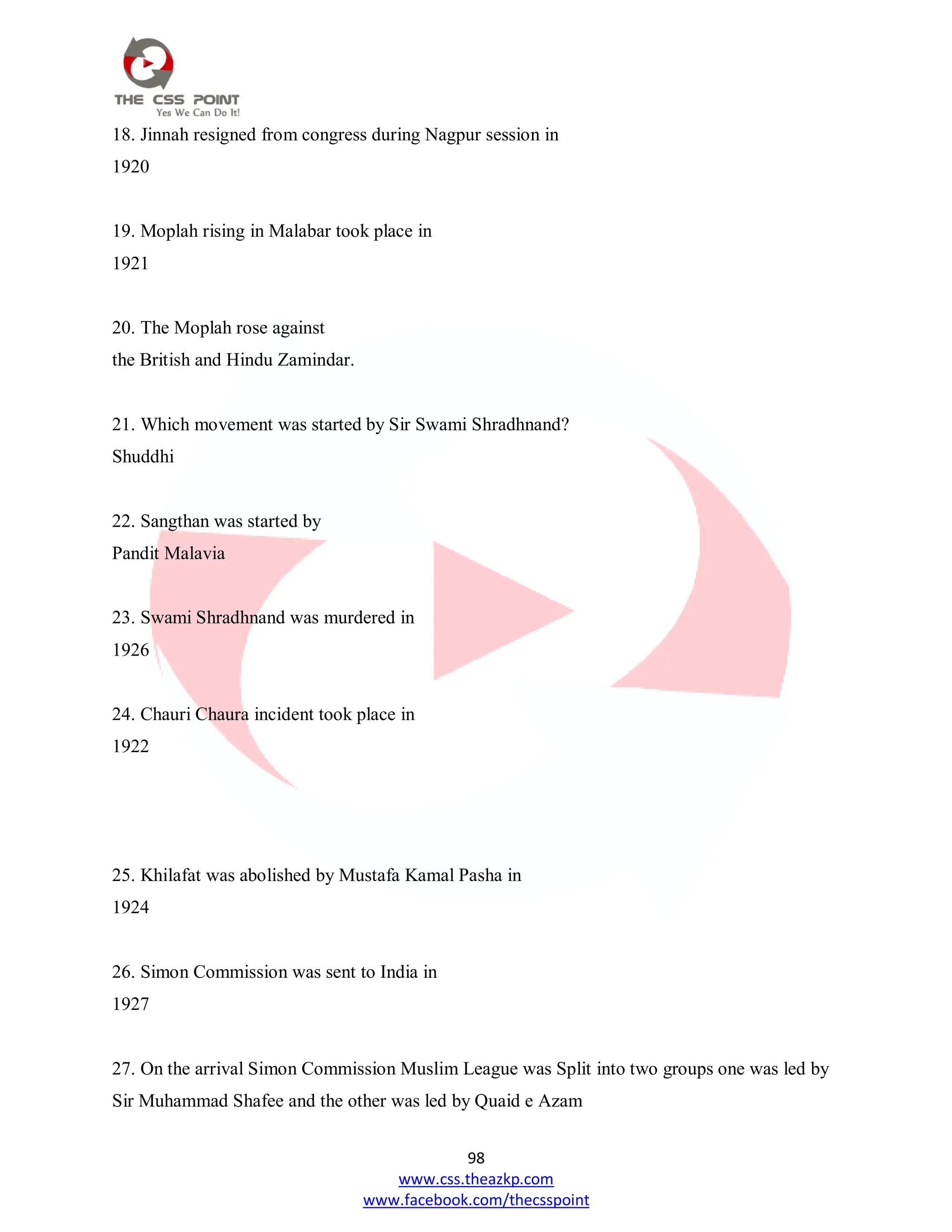 98
www.css.theazkp.com
www.facebook.com/thecsspoint
18. Jinnah resigned from congress during Nagpur session in
1920
19. Moplah rising in Malabar took place in
1921
20. The Moplah rose against
the British and Hindu Zamindar.
21. Which movement was started by Sir Swami Shradhnand?
Shuddhi
22. Sangthan was started by
Pandit Malavia
23. Swami Shradhnand was murdered in
1926
24. Chauri Chaura incident took place in
1922
25. Khilafat was abolished by Mustafa Kamal Pasha in
1924
26. Simon Commission was sent to India in
1927
27. On the arrival Simon Commission Muslim League was Split into two groups one was led by
Sir Muhammad Shafee and the other was led by Quaid e Azam
 